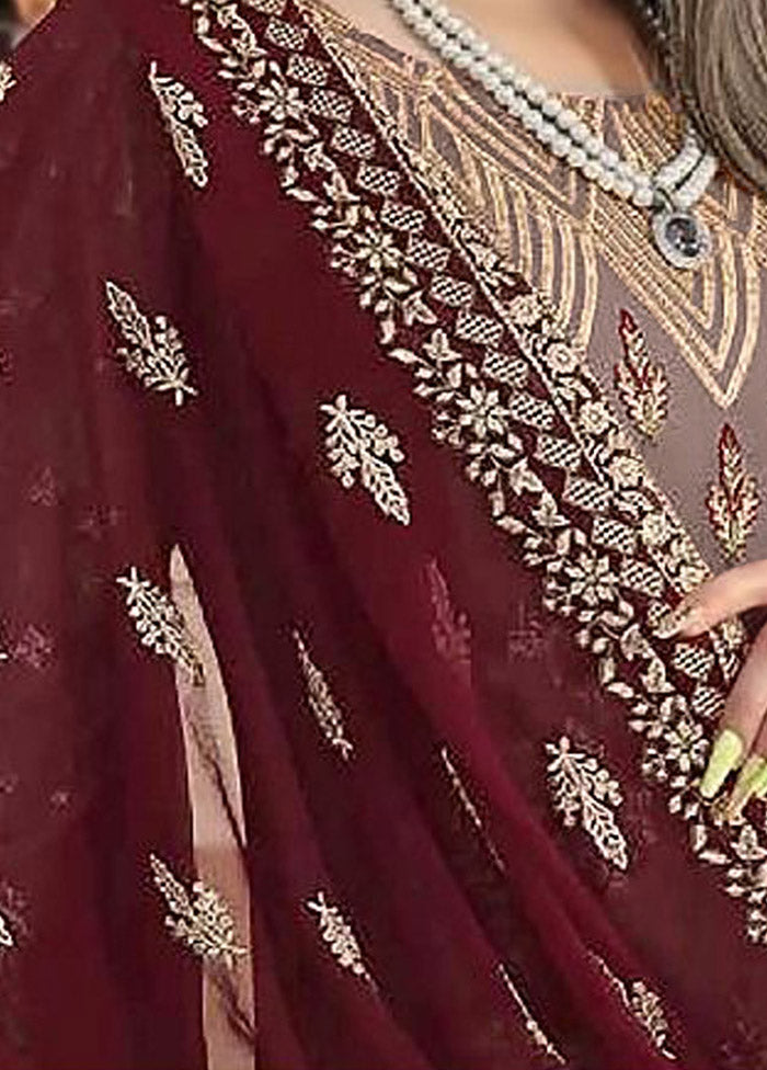 3 Pc Beige Semi Stitched Georgette Suit Set VDKSH02062091 - Indian Silk House Agencies