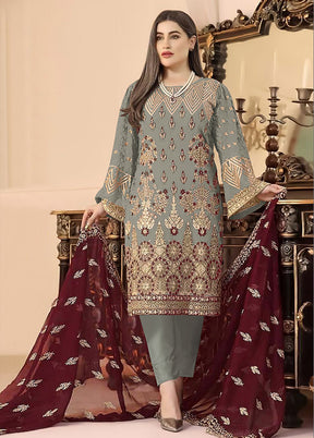 3 Pc Grey Semi Stitched Georgette Suit Set VDKSH02062094 - Indian Silk House Agencies