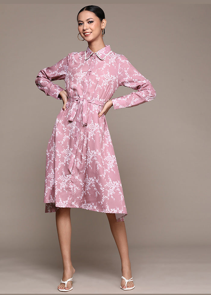 Pink Cotton Knee Length Flared Dress VDKSH02062060 - Indian Silk House Agencies