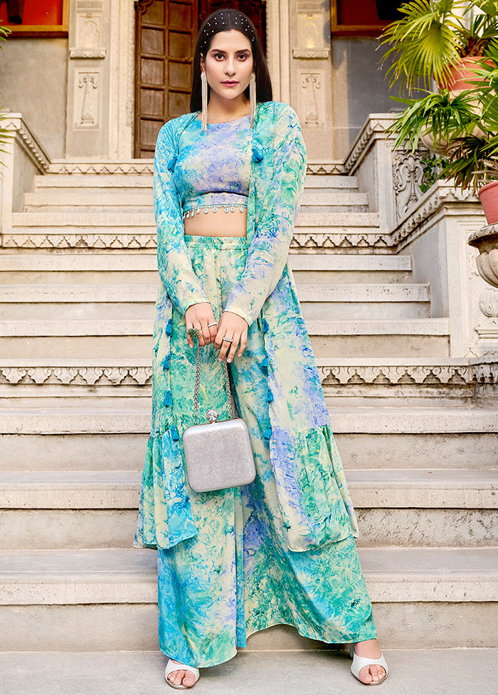 3 Pc Blue Readymade Pure Silk Suit Set VDKSH02062119 - Indian Silk House Agencies