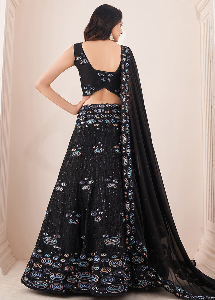 3 Pc Black Semi Stitched Pure Georgette Lehenga Set - Indian Silk House Agencies