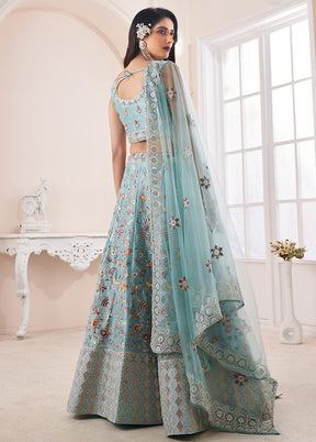 3 Pc Sky Blue Semi Stitched Pure Silk Lehenga Set - Indian Silk House Agencies