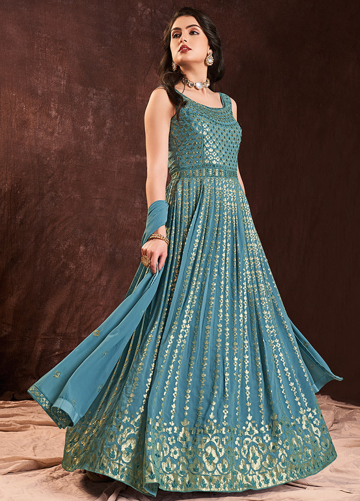 2 Pc Blue Readymade Pure Georgette Gown VDKSH16062092 - Indian Silk House Agencies