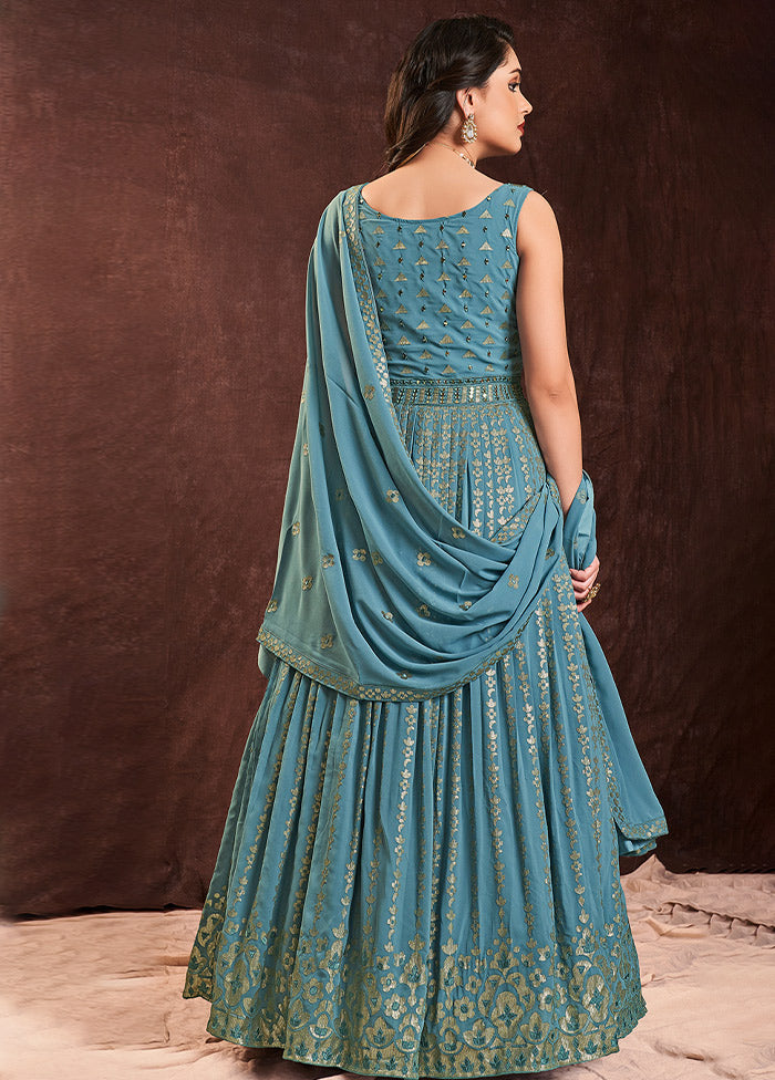 2 Pc Blue Readymade Pure Georgette Gown VDKSH16062092 - Indian Silk House Agencies
