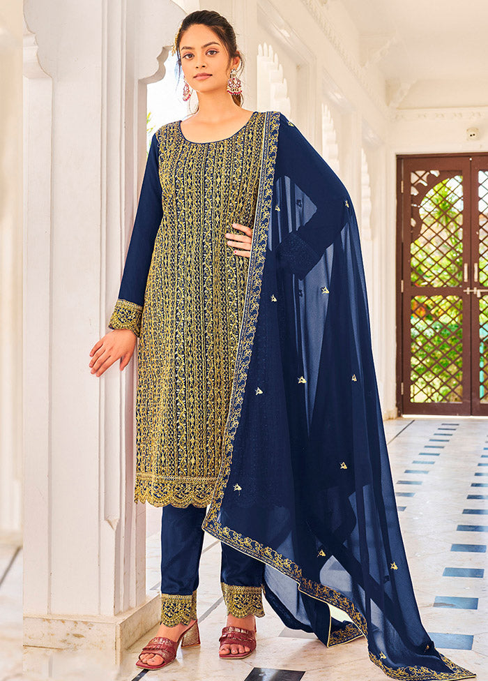 3 Pc Blue Semi Stitched Georgette Suit Set VDKSH16062104 - Indian Silk House Agencies