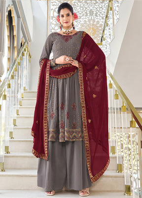 3 Pc Grey Readymade Georgette Sharara Suit Set VDKSH19062081 - Indian Silk House Agencies