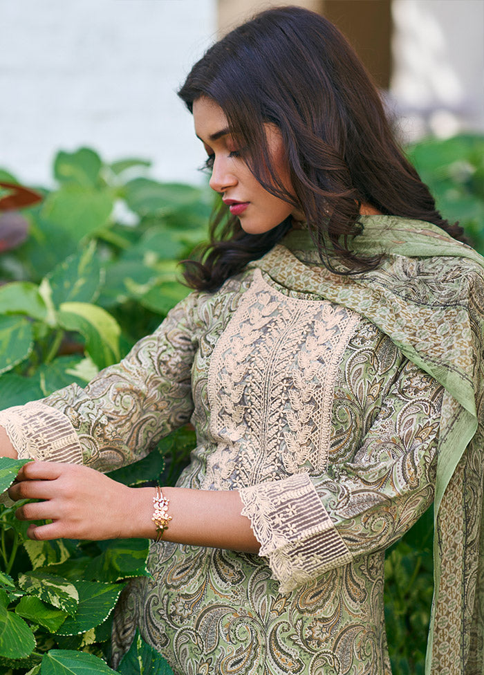 3 Pc Green Unstitched Pure Cotton Suit Set VDKSH19062102 - Indian Silk House Agencies