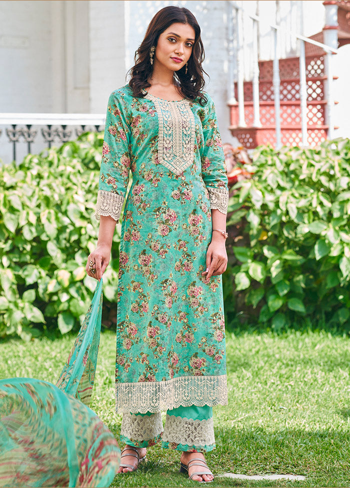3 Pc Turquoise Unstitched Pure Cotton Suit Set VDKSH19062103 - Indian Silk House Agencies