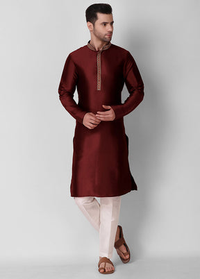 2 Pc Maroon Silk Kurta Pajama Set VDKSH19062123 - Indian Silk House Agencies