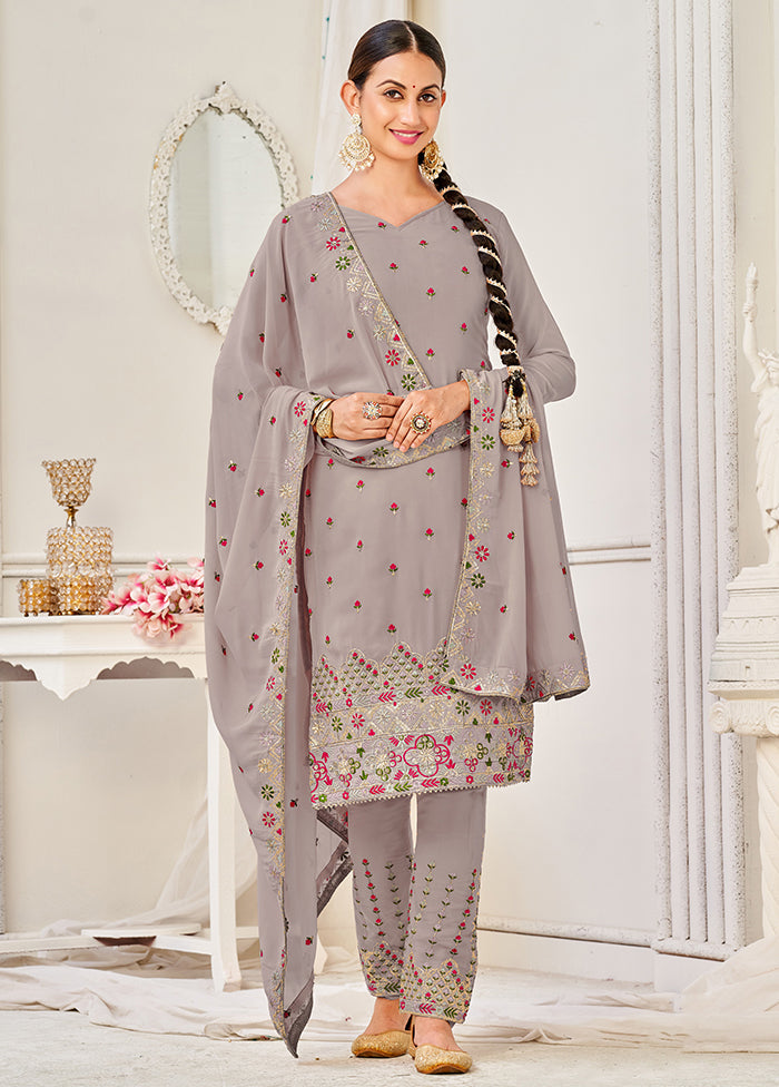 3 Pc Grey Semi Stitched Georgette Suit Set VDKSH29062103 - Indian Silk House Agencies