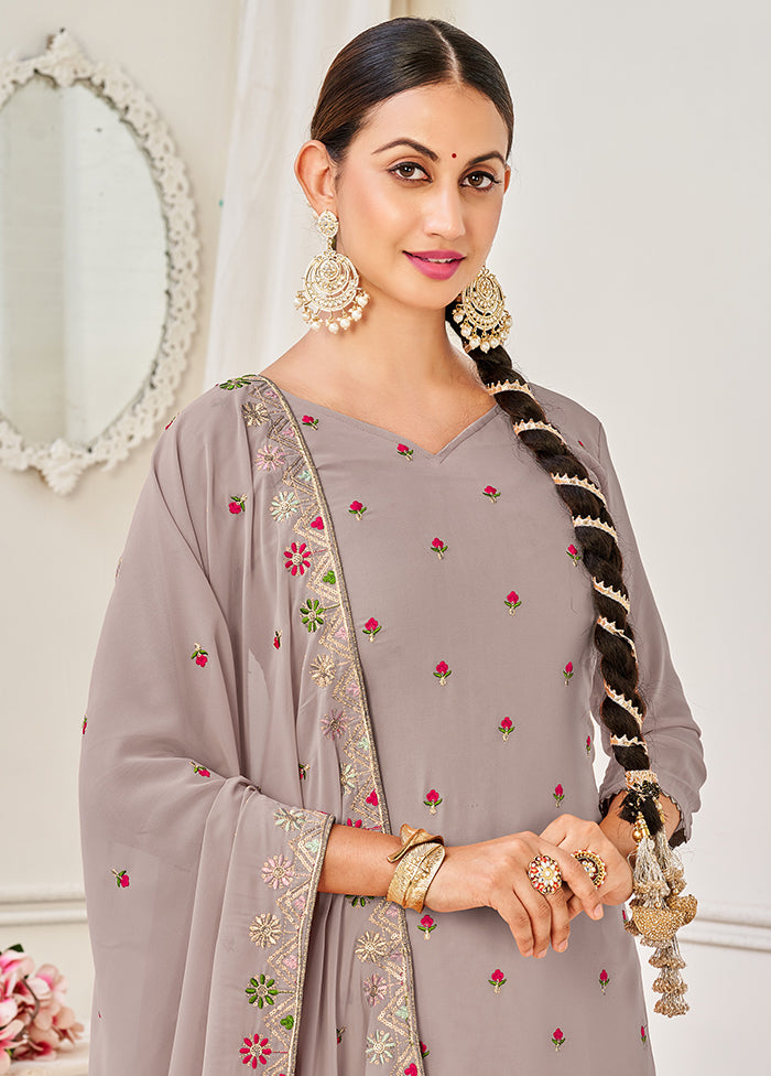 3 Pc Grey Semi Stitched Georgette Suit Set VDKSH29062103 - Indian Silk House Agencies