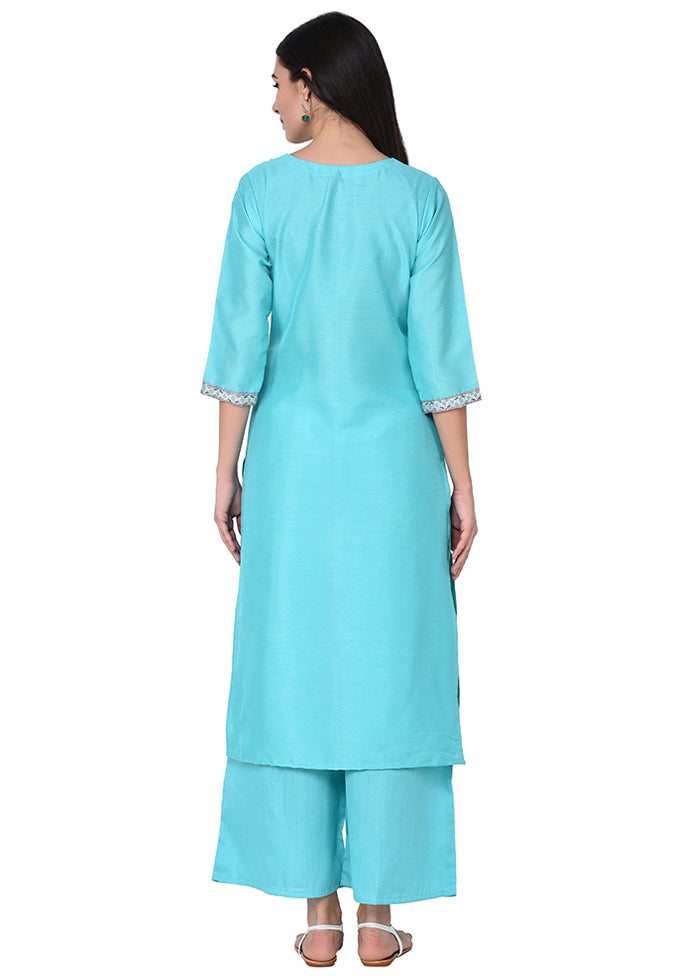 2 Pc Sky Blue Readymade Silk Straight Kurti Set VDKSH29062096 - Indian Silk House Agencies