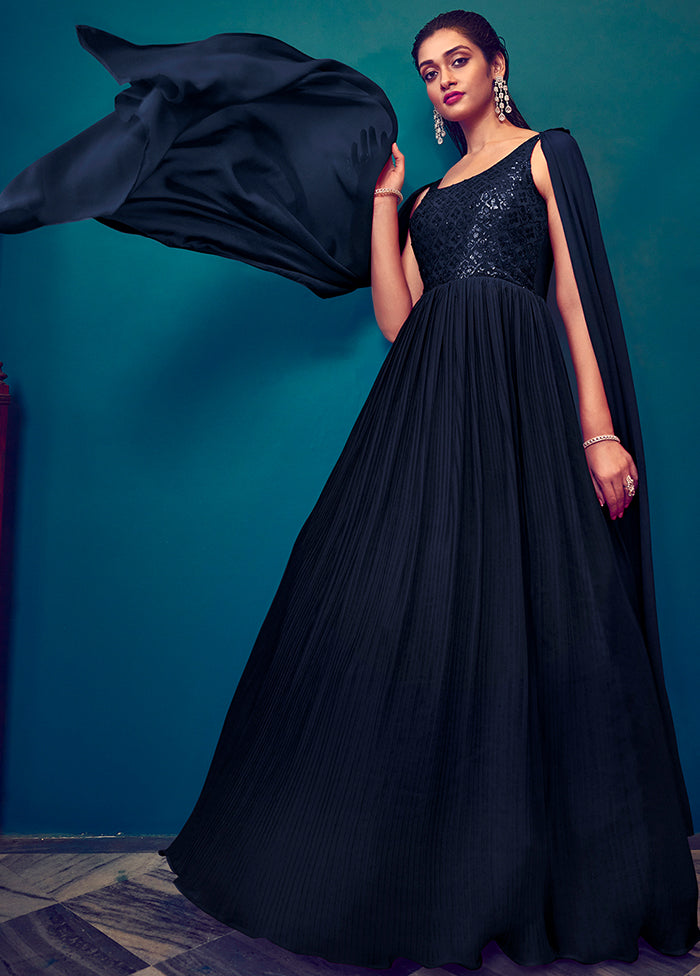 2 Pc Navy Blue Readymade Georgette Gown With Dupatta VDKSH29062068 - Indian Silk House Agencies