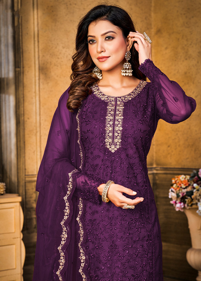 3 Pc Purple Semi Stitched Net Suit Set VDKSH11072077 - Indian Silk House Agencies
