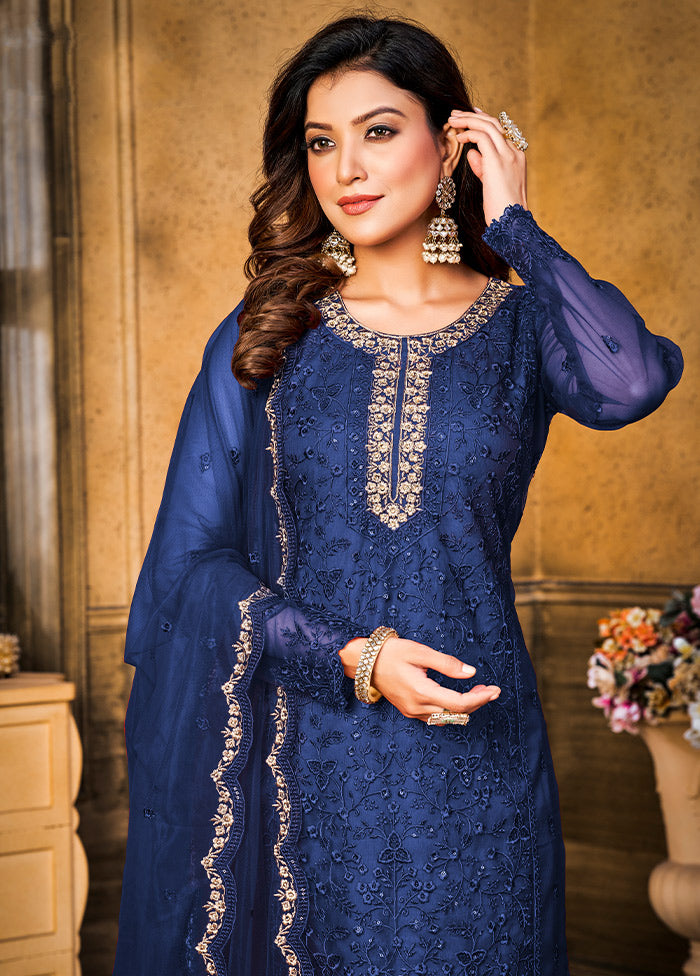 3 Pc Blue Semi Stitched Net Suit Set VDKSH11072078 - Indian Silk House Agencies