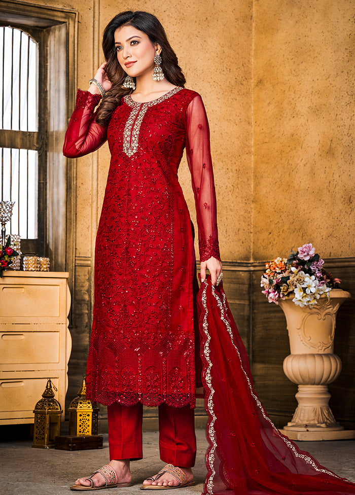 3 Pc Red Semi Stitched Net Suit Set VDKSH11072079 - Indian Silk House Agencies