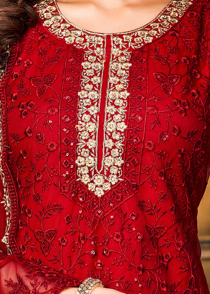 3 Pc Red Semi Stitched Net Suit Set VDKSH11072079 - Indian Silk House Agencies