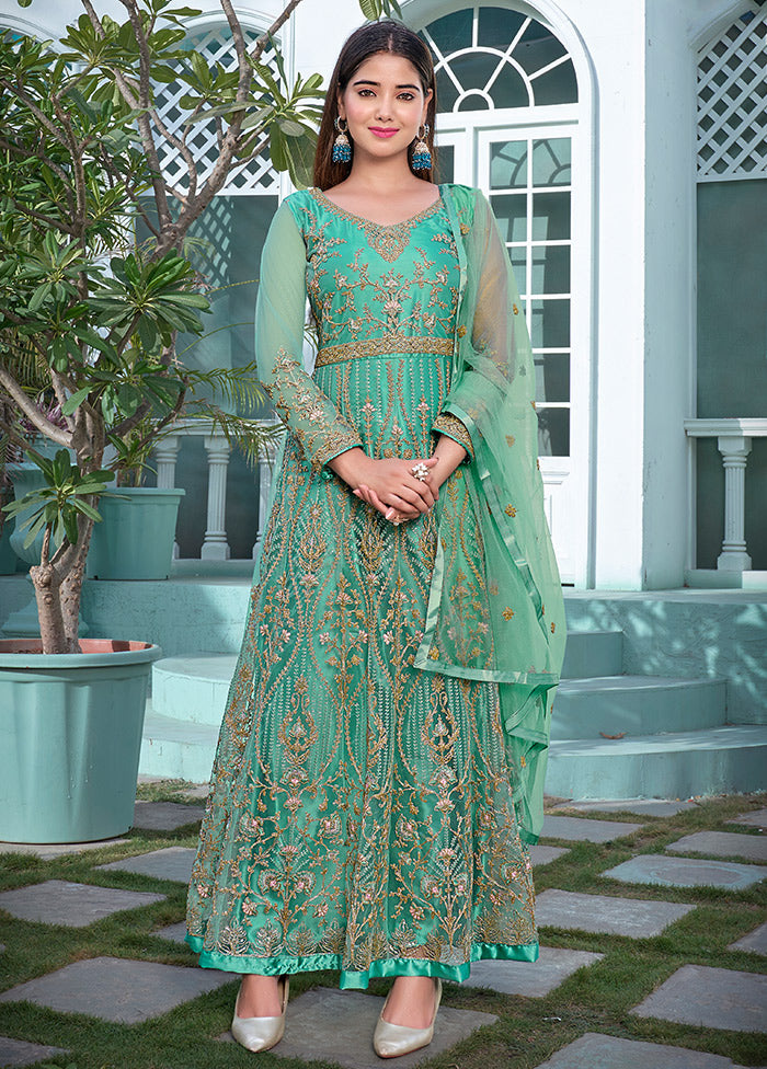 3 Pc Sea Green Semi Stitched Net Anarkali Suit Set VDKSH11072066 - Indian Silk House Agencies