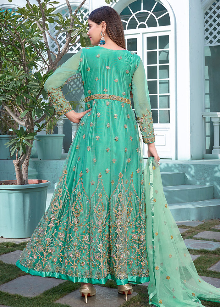 3 Pc Sea Green Semi Stitched Net Anarkali Suit Set VDKSH11072066 - Indian Silk House Agencies