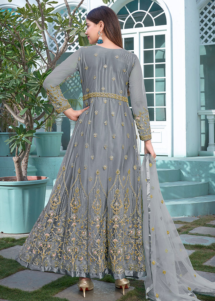 3 Pc Grey Semi Stitched Net Anarkali Suit Set VDKSH11072067 - Indian Silk House Agencies