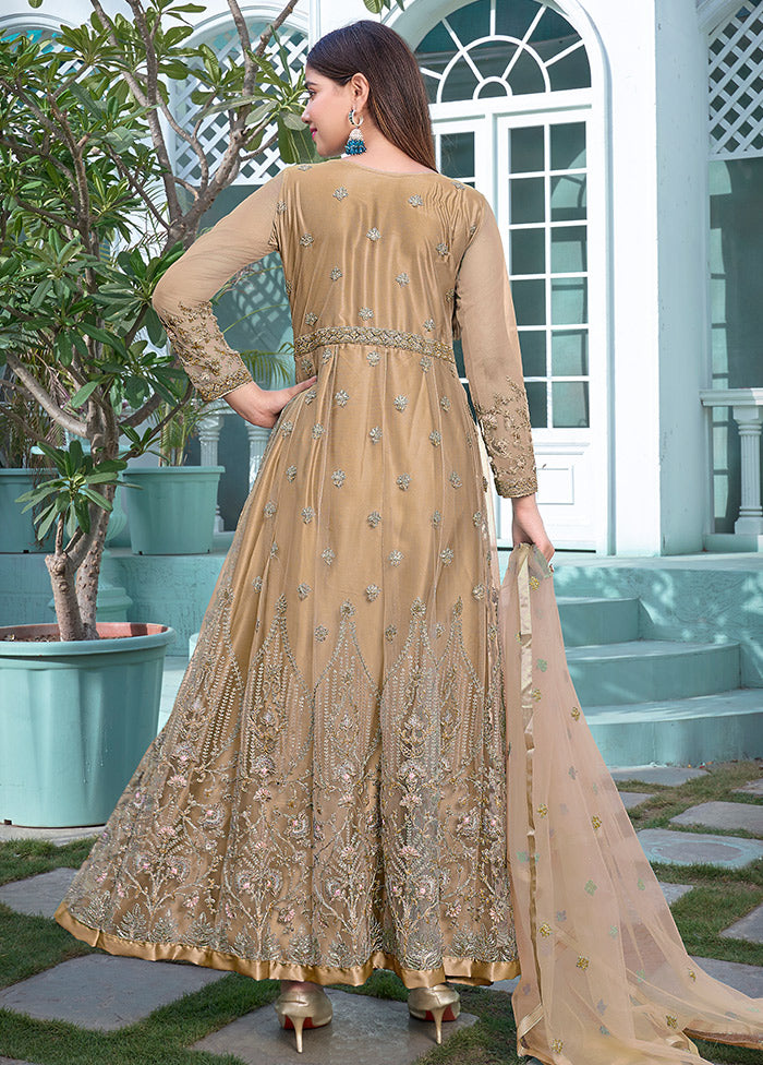3 Pc Beige Semi Stitched Net Anarkali Suit Set VDKSH11072068 - Indian Silk House Agencies