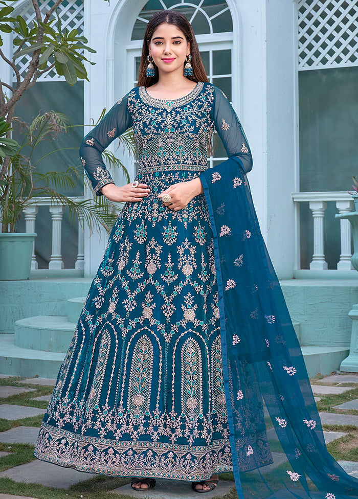3 Pc Blue Semi Stitched Net Anarkali Suit Set VDKSH11072062 - Indian Silk House Agencies