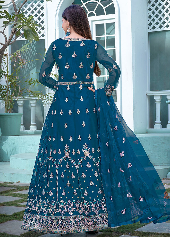 3 Pc Blue Semi Stitched Net Anarkali Suit Set VDKSH11072062 - Indian Silk House Agencies
