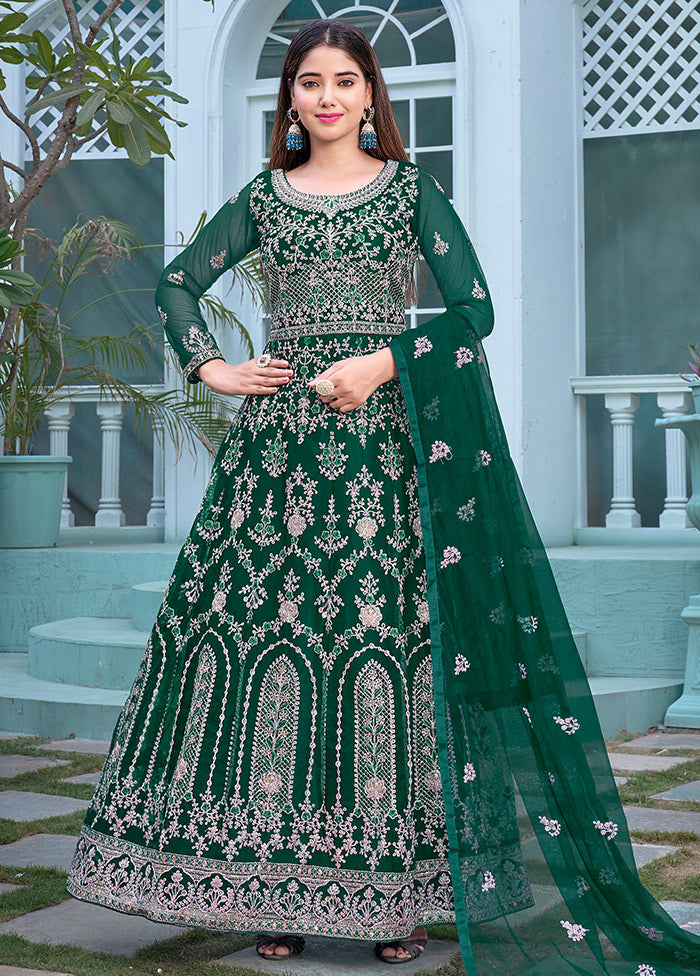 3 Pc Green Semi Stitched Net Anarkali Suit Set VDKSH11072063 - Indian Silk House Agencies