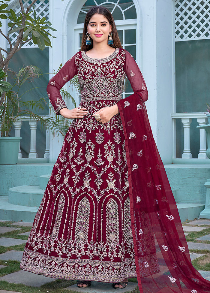 3 Pc Maroon Semi Stitched Net Anarkali Suit Set VDKSH11072064 - Indian Silk House Agencies