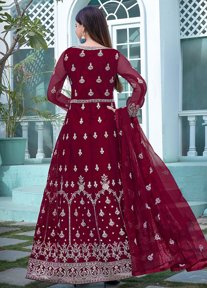 3 Pc Maroon Semi Stitched Net Anarkali Suit Set VDKSH11072064 - Indian Silk House Agencies