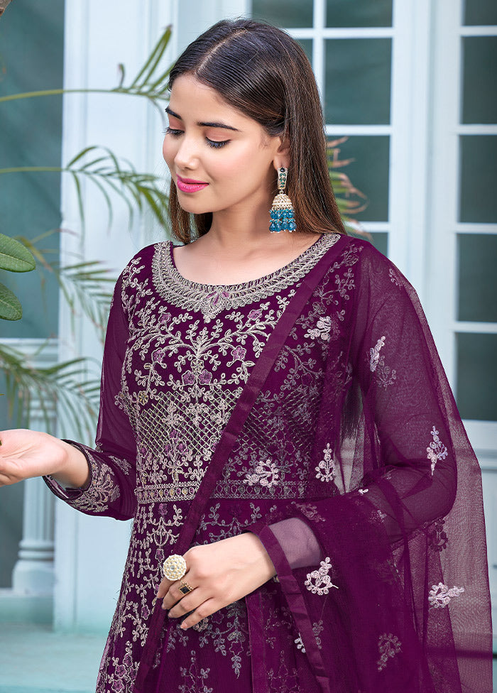 3 Pc Purple Semi Stitched Net Anarkali Suit Set VDKSH11072065 - Indian Silk House Agencies
