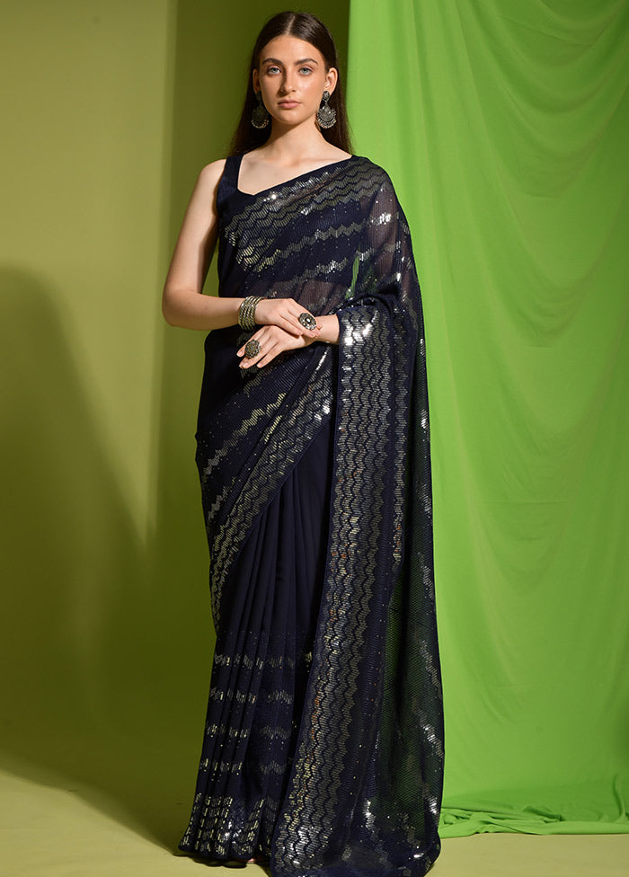 Blue Georgette Saree With Blouse Piece