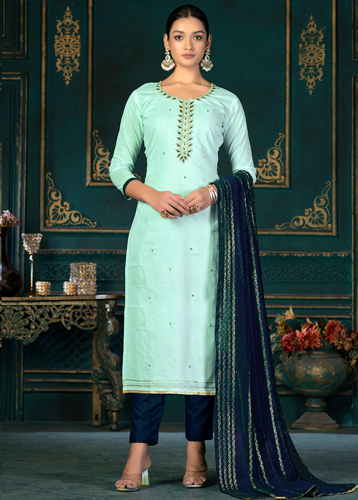 3 Pc Sky Blue Unstitched Cotton Suit Set VDKSH31072110 - Indian Silk House Agencies