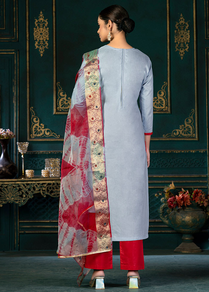 3 Pc Blue Unstitched Cotton Suit Set VDKSH31072115 - Indian Silk House Agencies