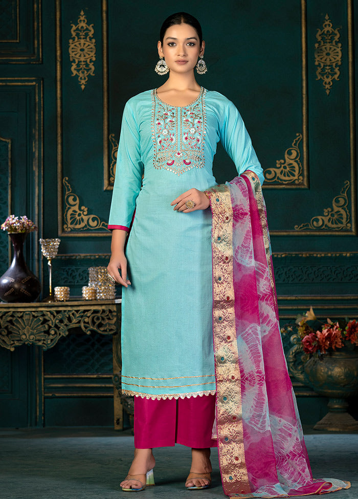 3 Pc Sea Green Unstitched Cotton Suit Set VDKSH31072116 - Indian Silk House Agencies