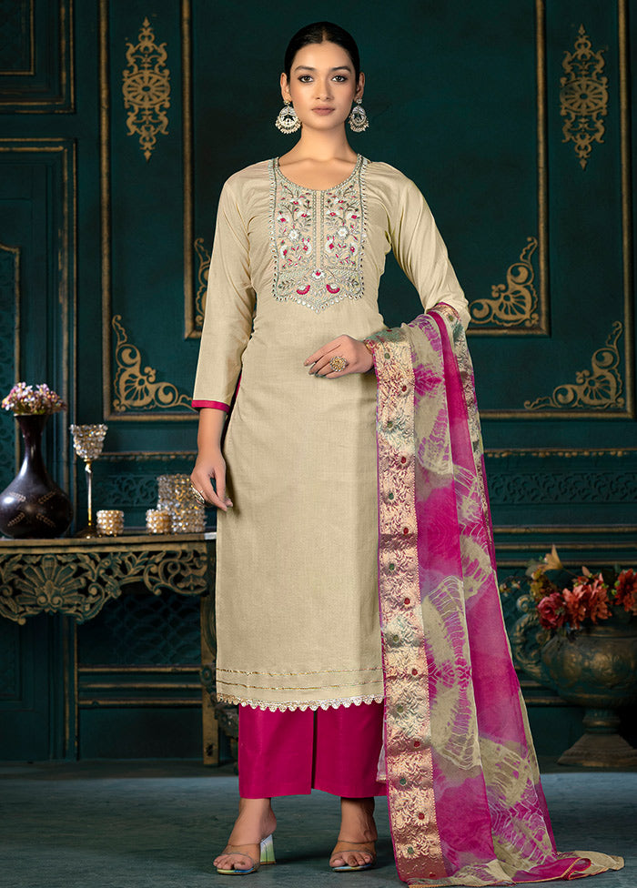 3 Pc Beige Unstitched Cotton Suit Set VDKSH31072117 - Indian Silk House Agencies