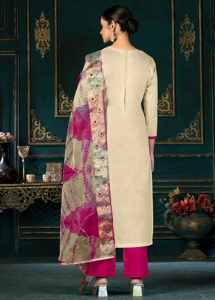 3 Pc Beige Unstitched Cotton Suit Set VDKSH31072117 - Indian Silk House Agencies