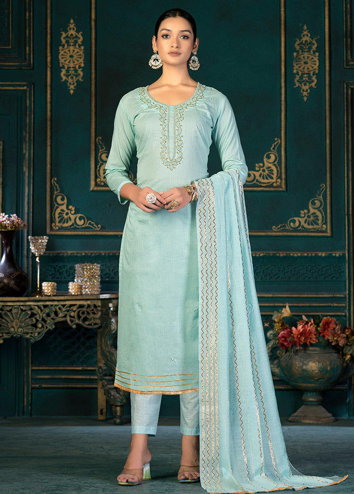 3 Pc Sky Blue Unstitched Cotton Suit Set VDKSH31072121 - Indian Silk House Agencies