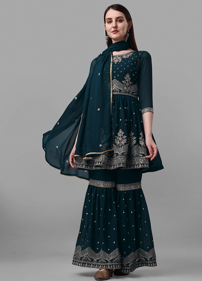 3 Pc Teal Semi Stitched Georgette Suit Set VDKSH31072107 - Indian Silk House Agencies