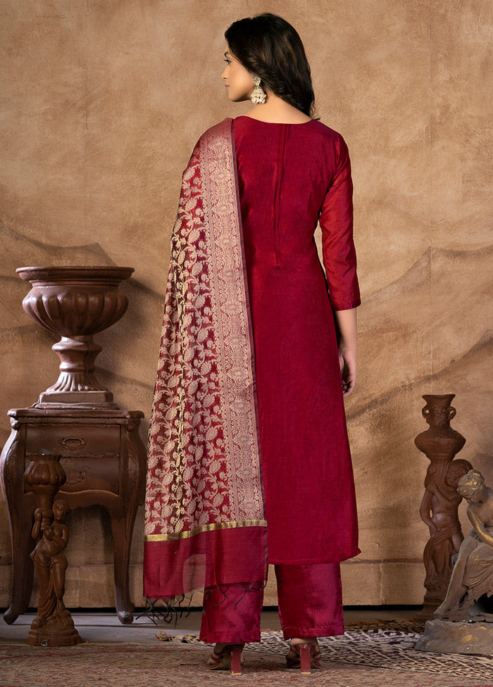 3 Pc Maroon Unstitched Silk Suit Set VDKSH31072123 - Indian Silk House Agencies