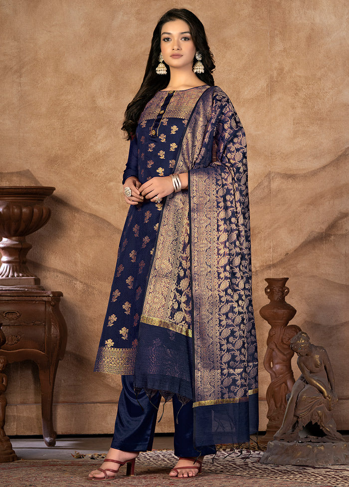 3 Pc Blue Unstitched Silk Suit Set VDKSH31072124 - Indian Silk House Agencies