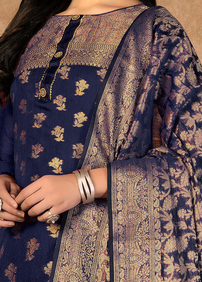 3 Pc Blue Unstitched Silk Suit Set VDKSH31072124 - Indian Silk House Agencies