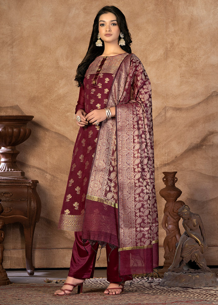3 Pc Wine Unstitched Silk Suit Set VDKSH31072125 - Indian Silk House Agencies