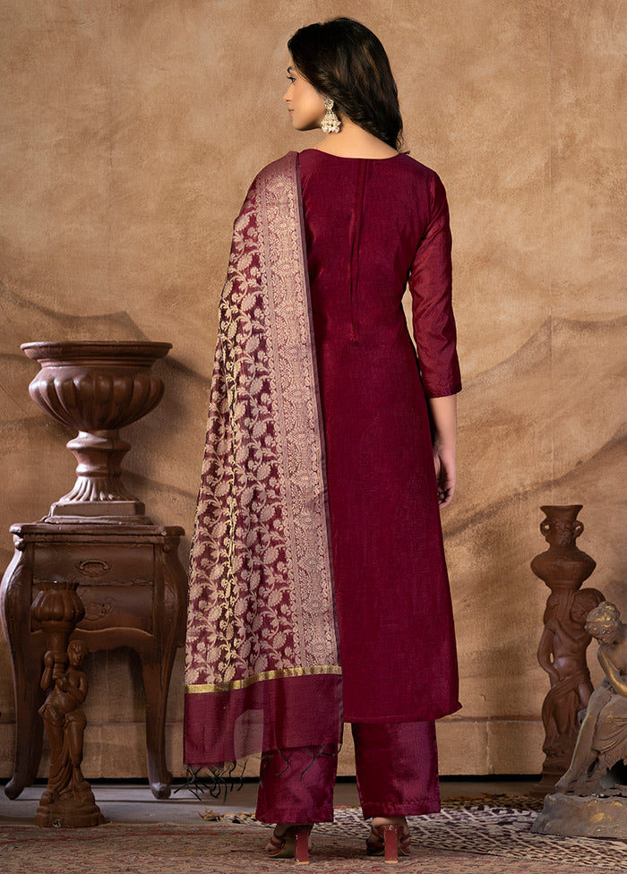 3 Pc Wine Unstitched Silk Suit Set VDKSH31072125 - Indian Silk House Agencies