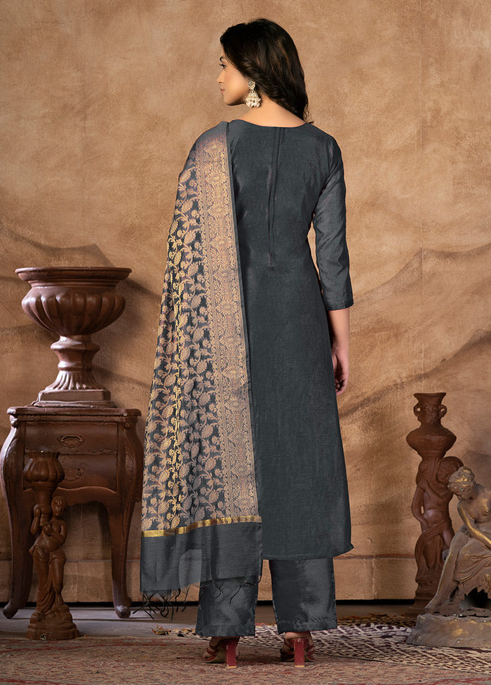 3 Pc Grey Unstitched Silk Suit Set VDKSH31072126 - Indian Silk House Agencies