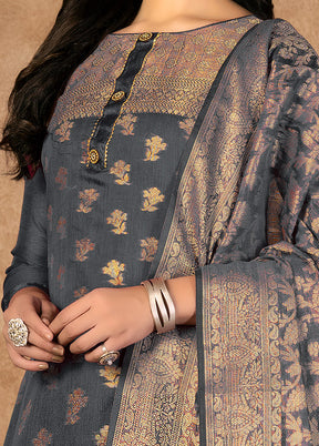 3 Pc Grey Unstitched Silk Suit Set VDKSH31072126 - Indian Silk House Agencies