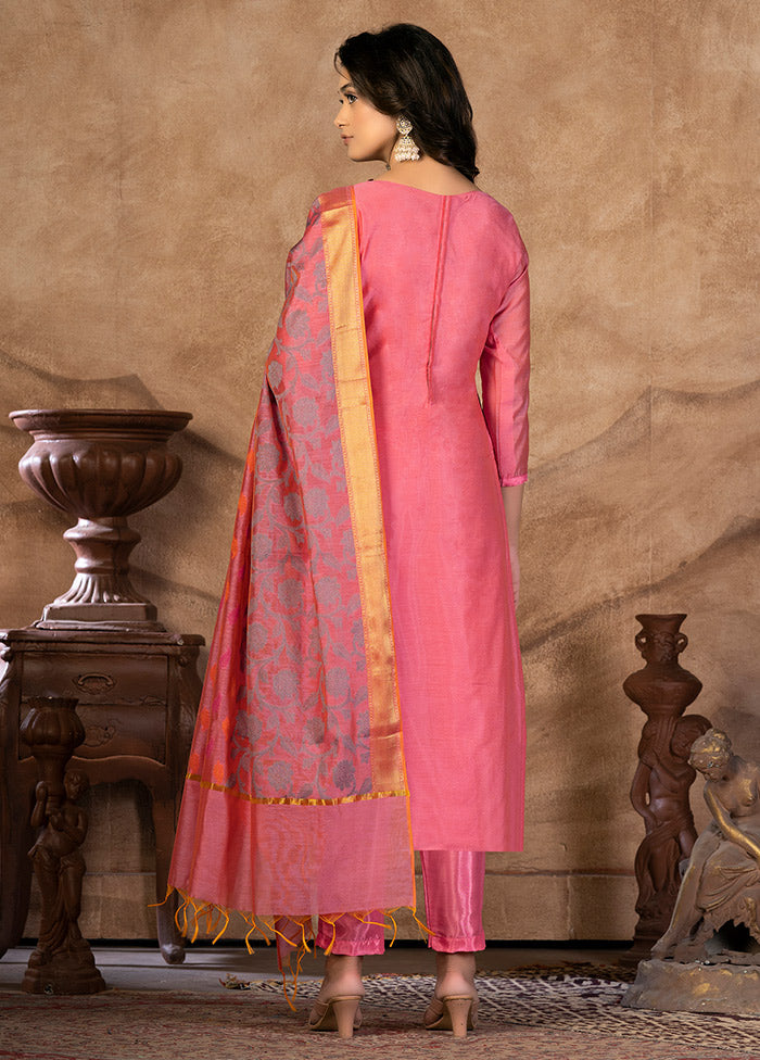 3 Pc Pink Unstitched Silk Suit Set VDKSH31072129 - Indian Silk House Agencies