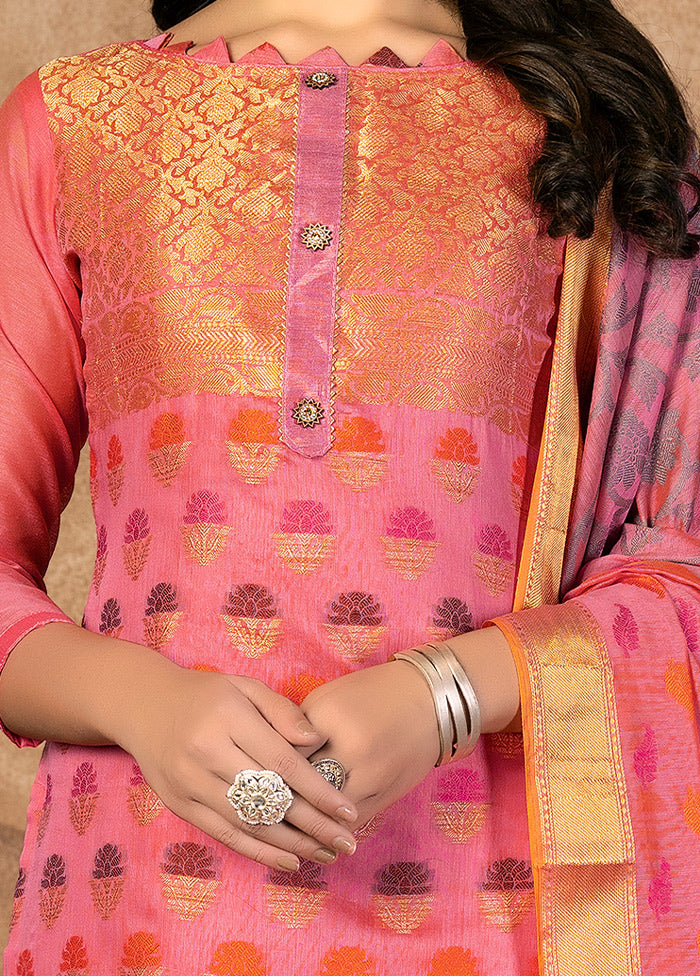 3 Pc Pink Unstitched Silk Suit Set VDKSH31072129 - Indian Silk House Agencies
