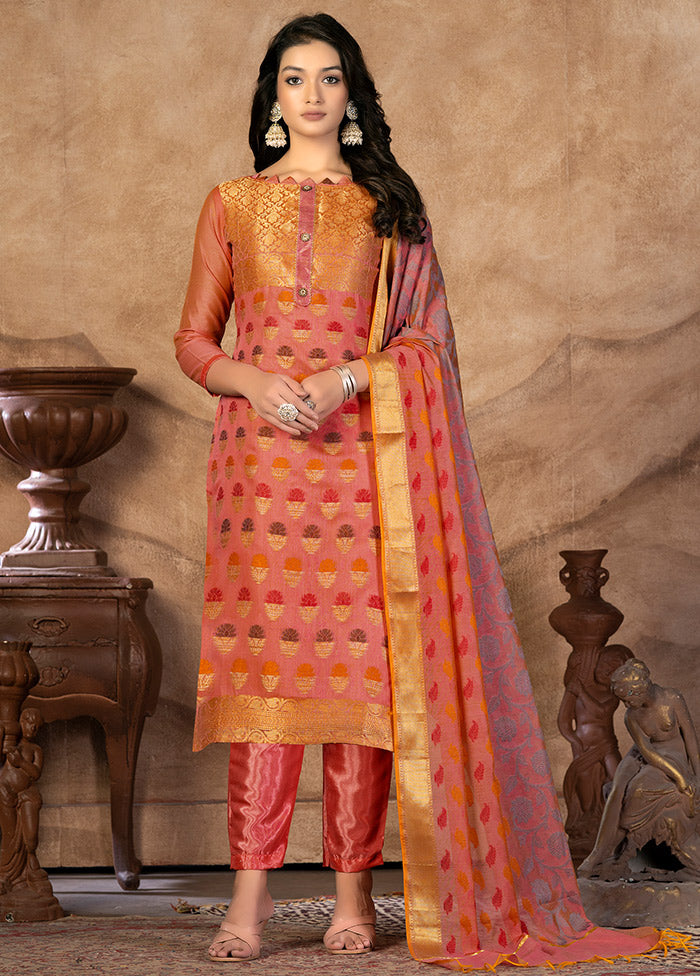 3 Pc Peach Unstitched Silk Suit Set VDKSH31072130 - Indian Silk House Agencies