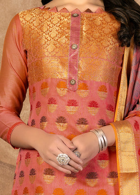3 Pc Peach Unstitched Silk Suit Set VDKSH31072130 - Indian Silk House Agencies